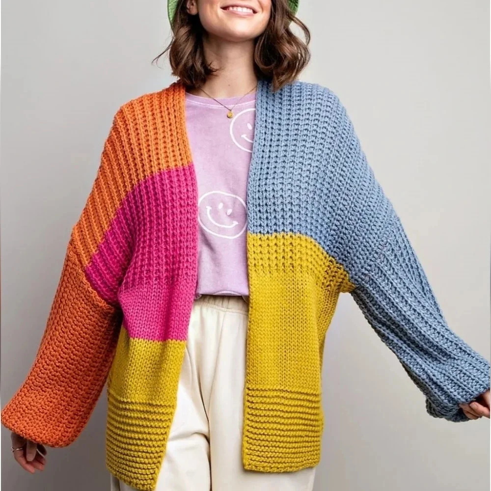 Easel Colorblock Chunky Knit Rainbow Sweater Cardigan New